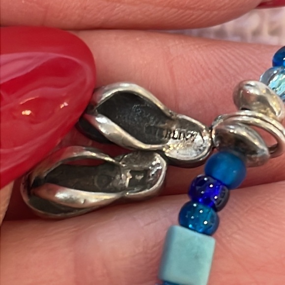 Sterling silver flip flop charm blue glass tube seed bead ankle bracelet - Picture 5 of 7